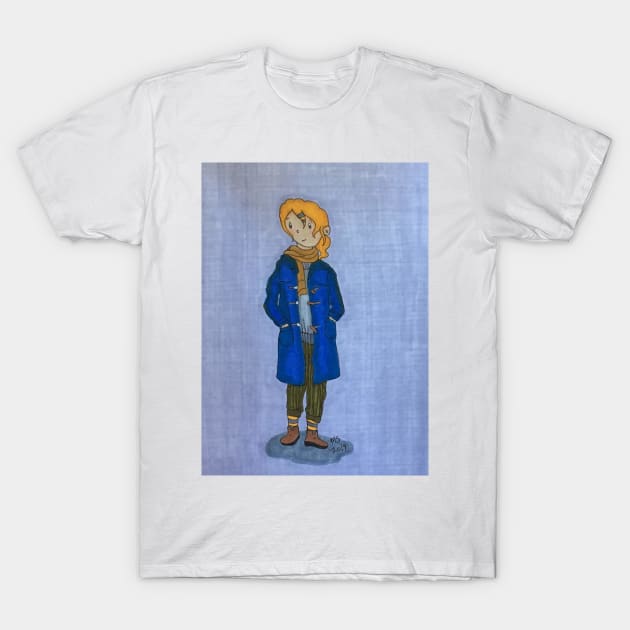 Girl In Blue Toggle Coat Cute Autumn Marker Illustration T-Shirt by Thedisc0panda